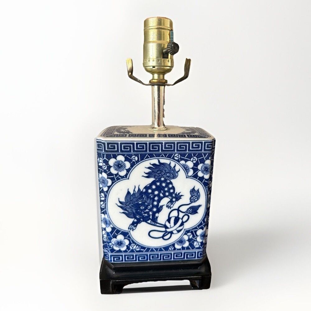Blue & White Chinoiserie Porcelain Lamp Foo Dog Motif Square Style with Base